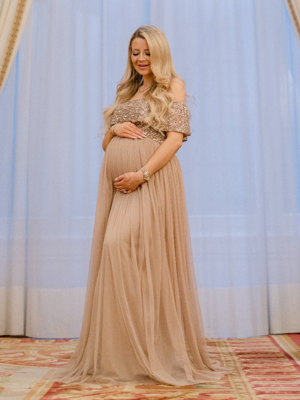 ASOS Maya Maternity Bridesmaid maxi tulle dress tonal delicate sequins blush 8
